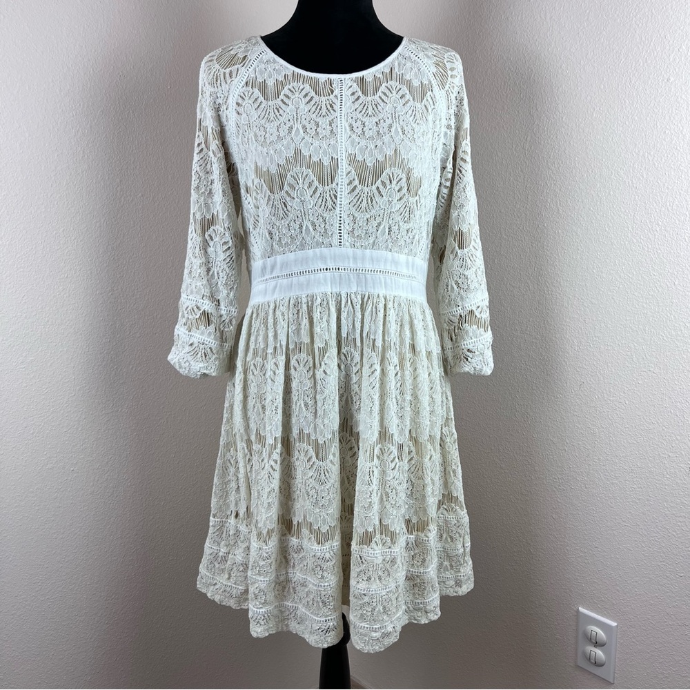 Liquorish Dress Womens Twelve Fit and Flare Lace Midi Cocktail White Beige